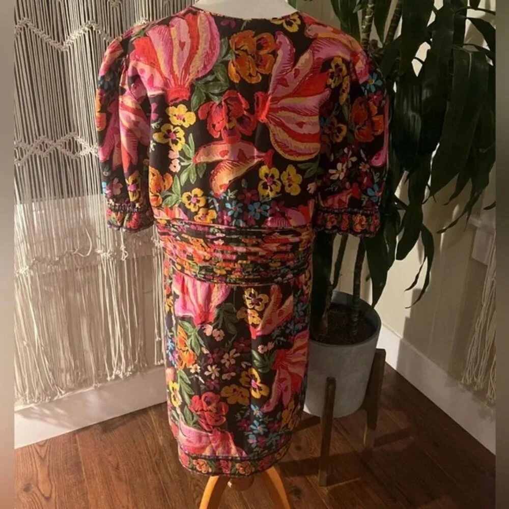 RARE Farm Rio Spring Banana Floral Mini Dress Pleated V-Neck Black XL - Picture 7 of 7